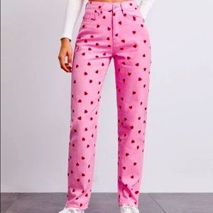 High Waisted Heart Print Straight Jeans